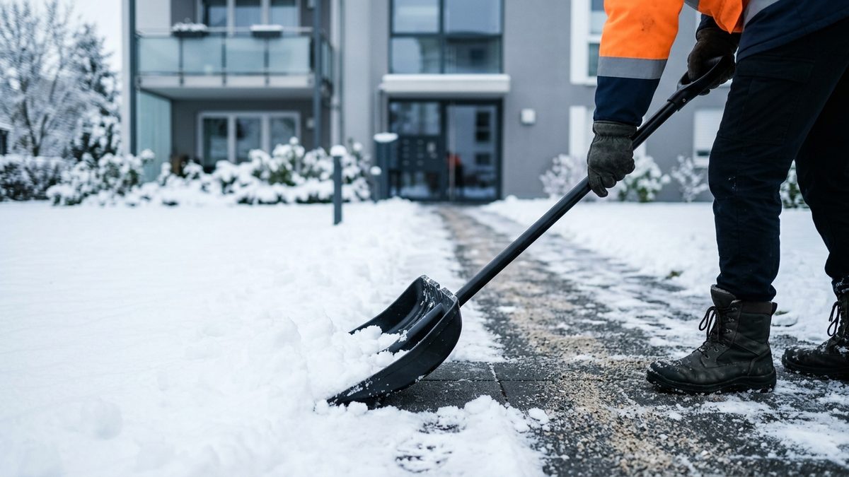 Winterdienst: geräumter und gestreuter Gehweg vor einem Wohnhaus